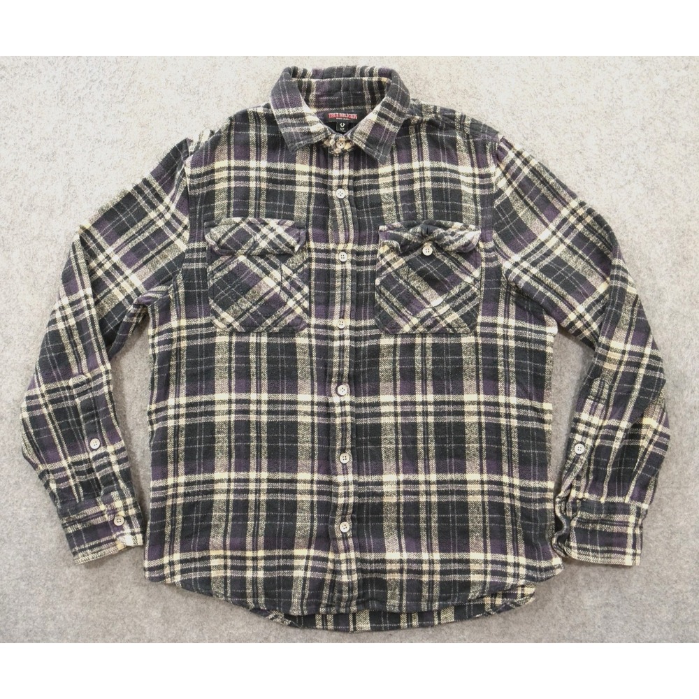 True Religion Shirt Mens Small Gray Button Plaid Flannel Long Sleeve Logo Print